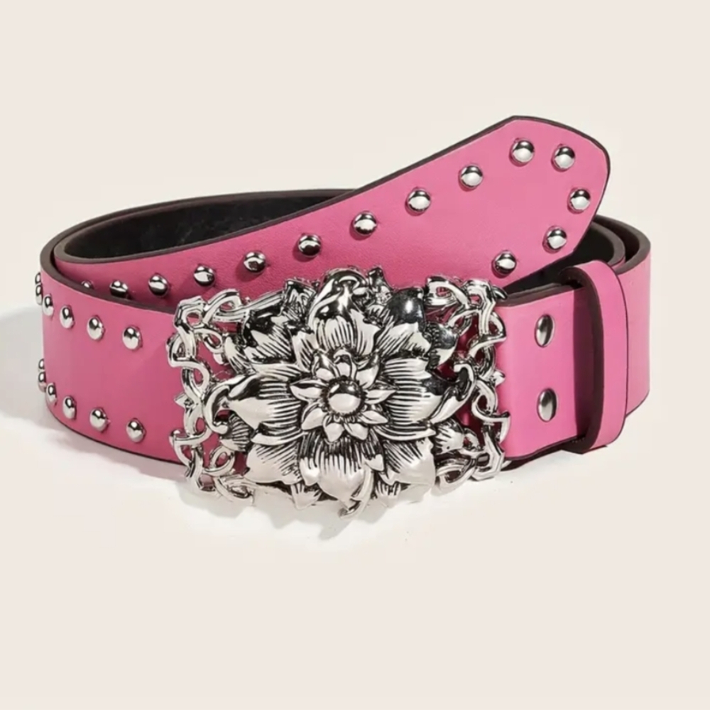 Western Belt Boho Barbie Pink Silvery Belt Buckle Floral Bohemian Style Belts - Picture 3 of 10